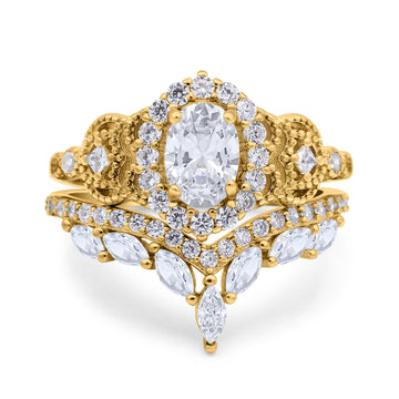 14K Yellow Gold Wedding Band Bridal Ring Oval Accent Vintage Simulated Cubic Zirconia Size-7